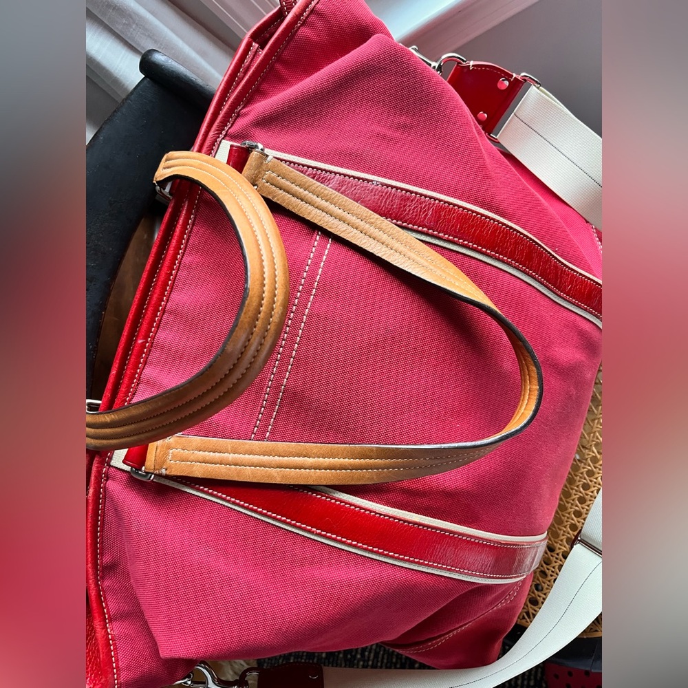 Rare Coach Red Canvas weekend Tote Bag with Tan Straps Leather accents - Picture 7 of 12